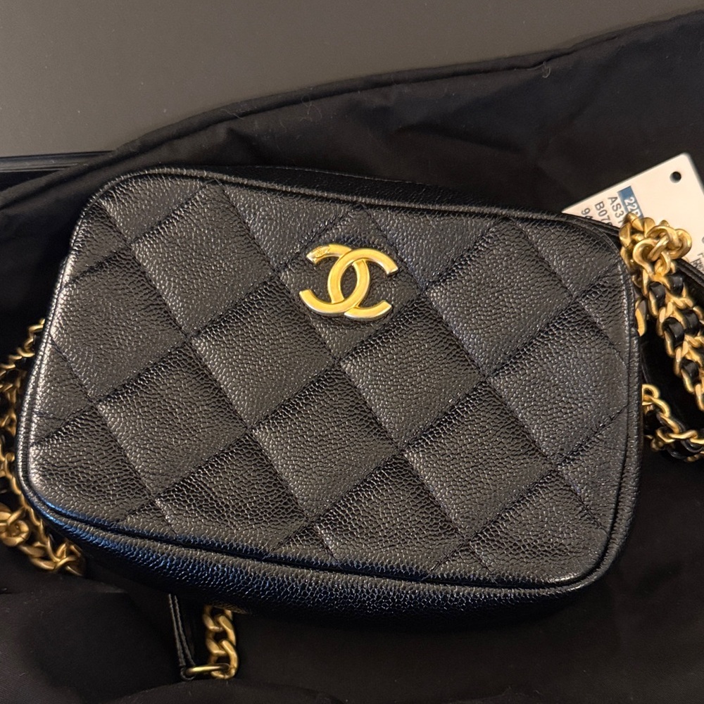 CHANEL Black and Gold Quilted Crossbody Camera Bag